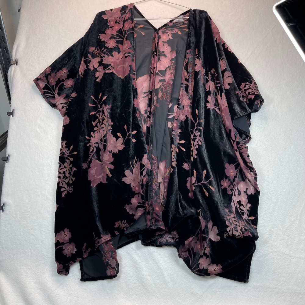 Lindex Kimono Wrap‎ Black Pink Floral Velvet Burnout Boho Dark Romantic Goth